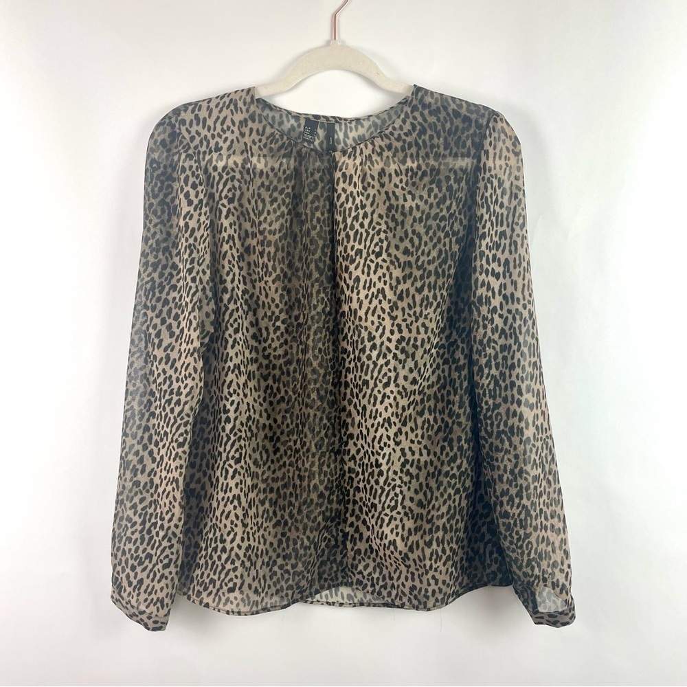 Mango Suit Sheer Top Black & Brown Leopard Print Keyhole Neckline Drapey‎ Size S